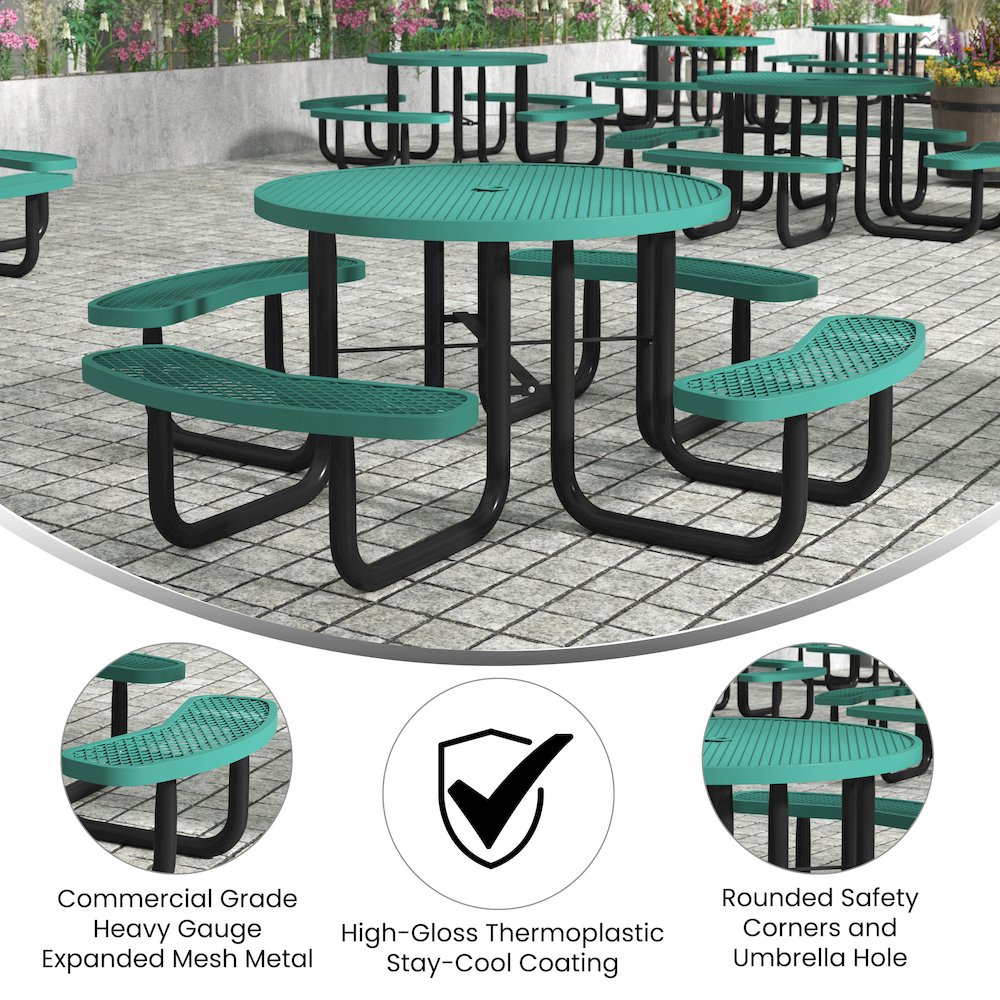 46″ Round Outdoor Picnic Table with Green Expanded Metal Mesh Top and Seats