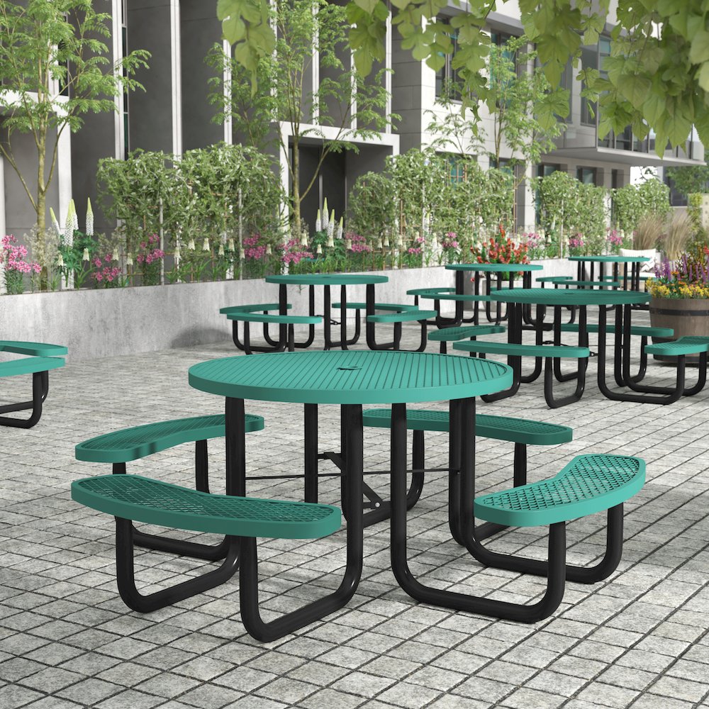 46″ Round Outdoor Picnic Table with Green Expanded Metal Mesh Top and Seats