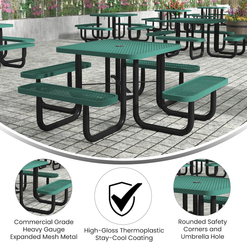 46″ Square Outdoor Picnic Table with Green Expanded Metal Mesh Top and Seats