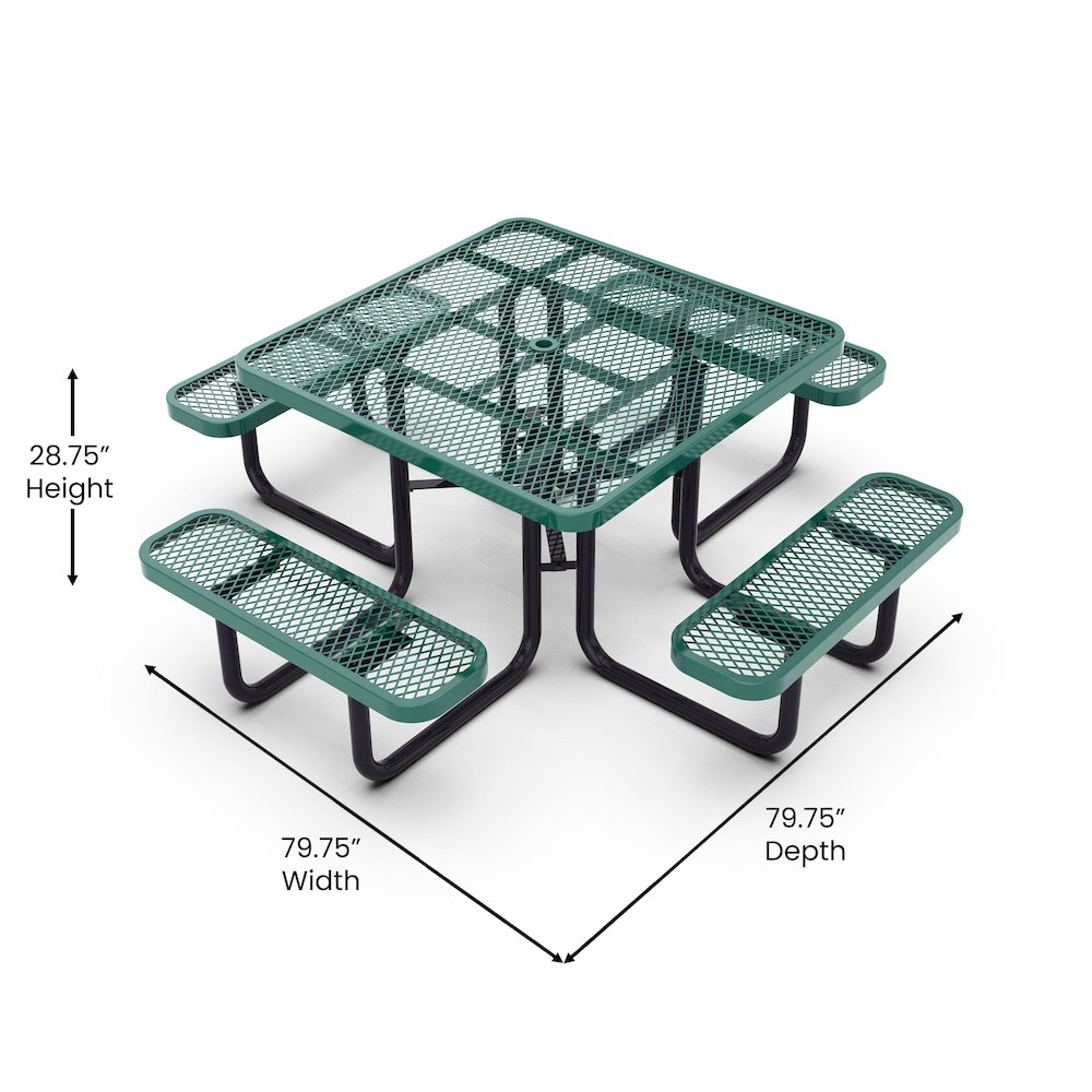 46″ Square Outdoor Picnic Table with Green Expanded Metal Mesh Top and Seats