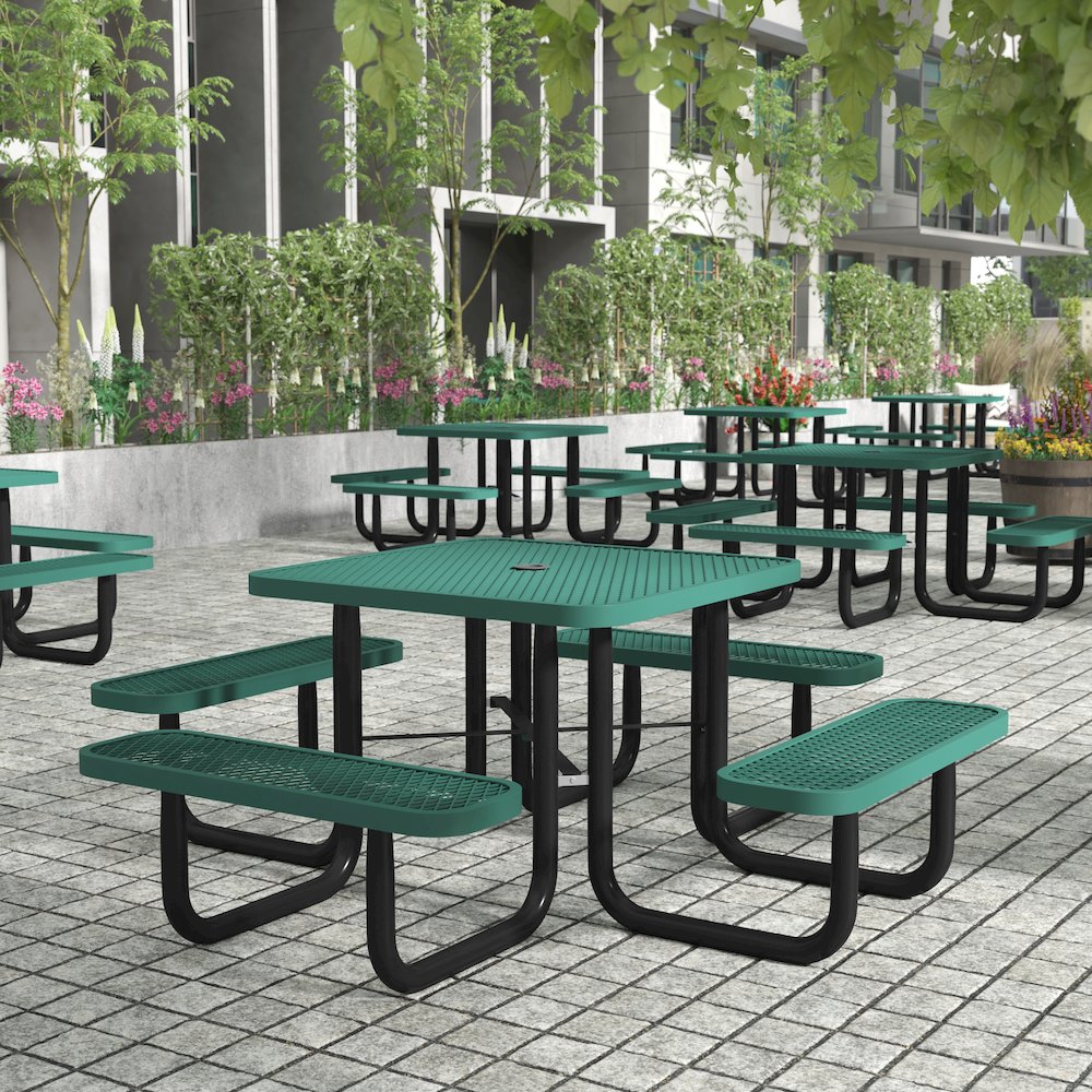 46″ Square Outdoor Picnic Table with Green Expanded Metal Mesh Top and Seats