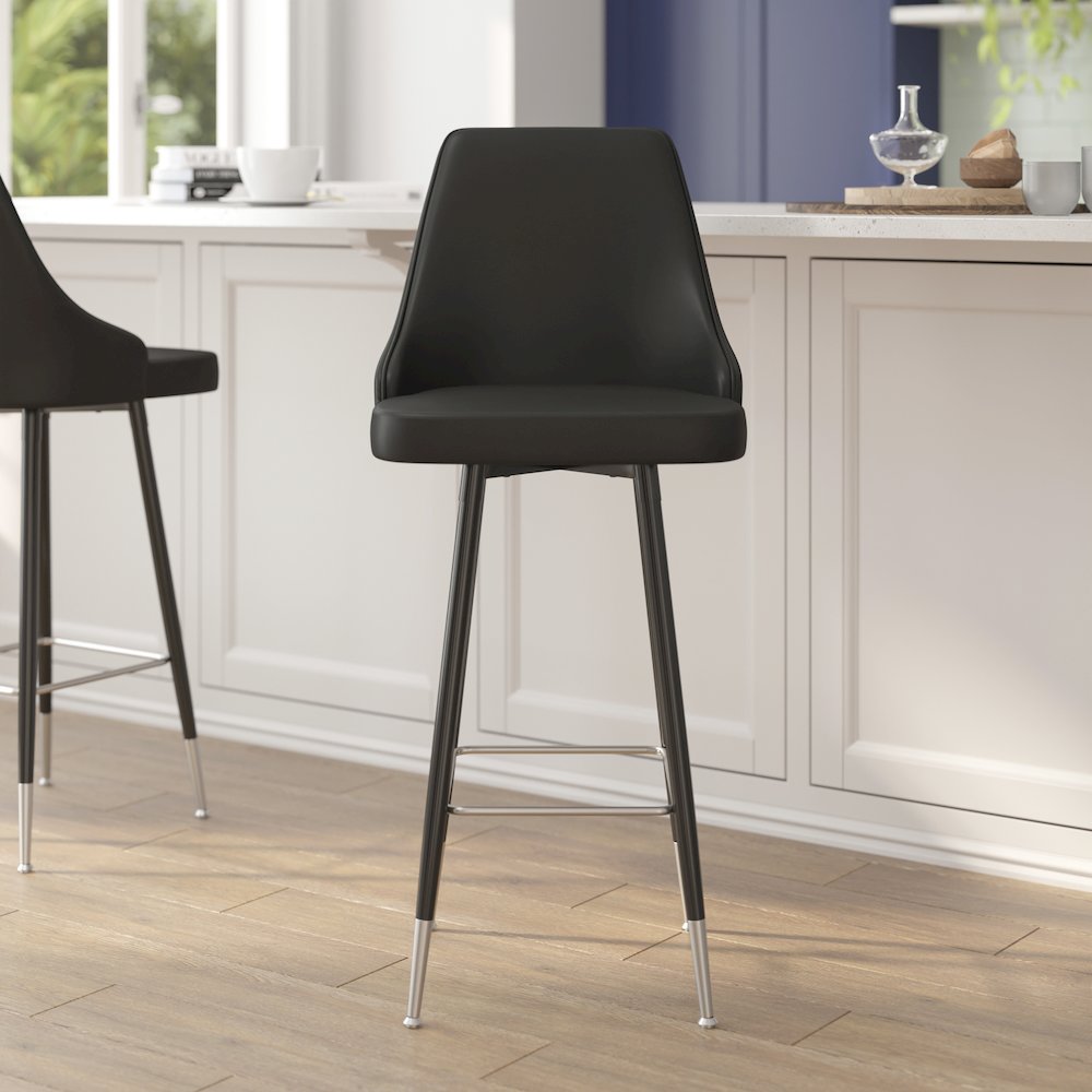 Set of 2 Bar Height Stools with Solid Black Metal Frames