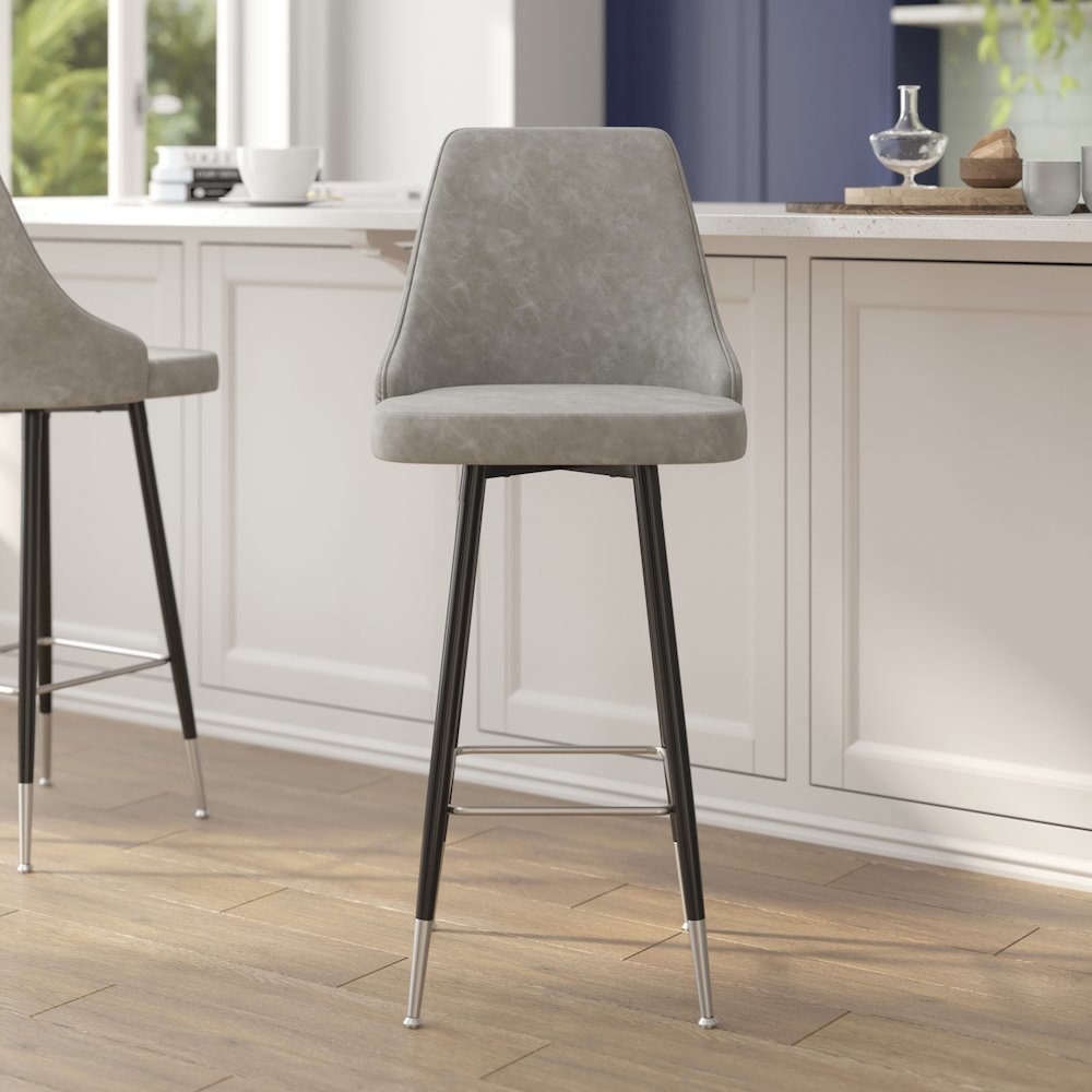 Set of 2 Bar Height Stools with Solid Black Metal Frames
