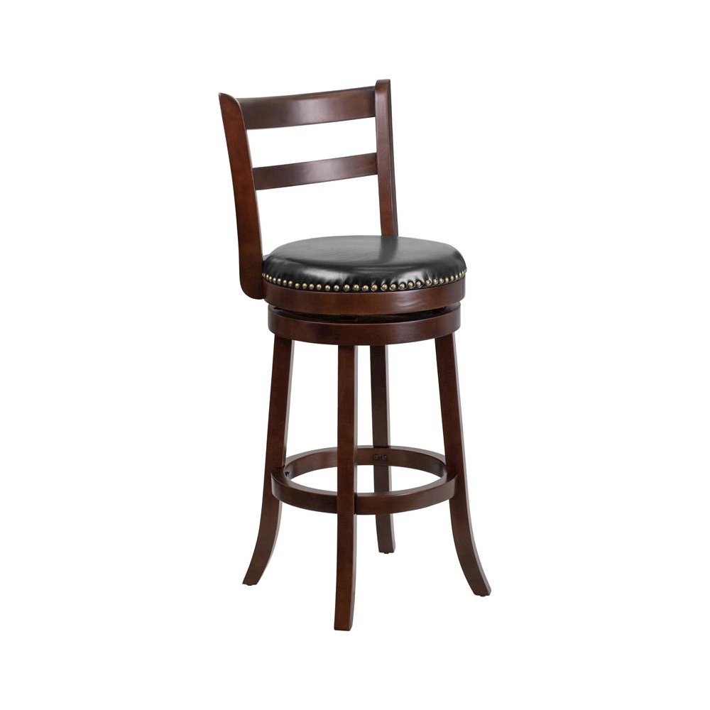 30” High Cappuccino Wood Barstool with Single Slat and Black Swivel Seat