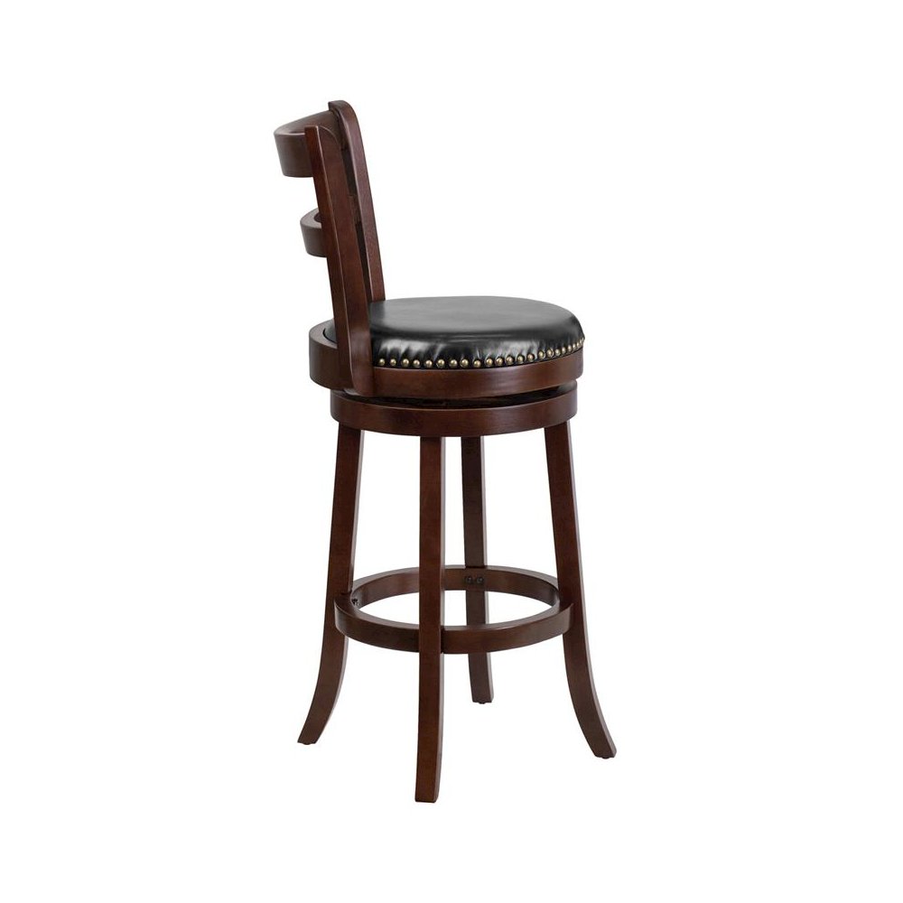 30” High Cappuccino Wood Barstool with Single Slat and Black Swivel Seat