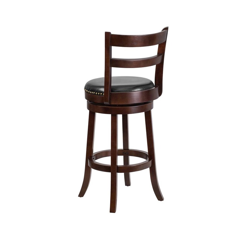30” High Cappuccino Wood Barstool with Single Slat and Black Swivel Seat
