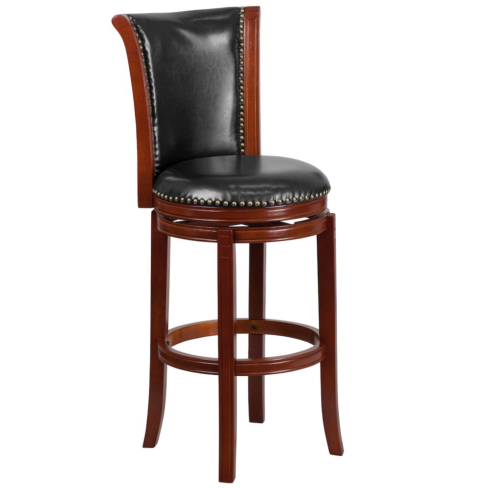 30” High Dark Chestnut Wood Barstool with Panel Back and Black Swivel Seat