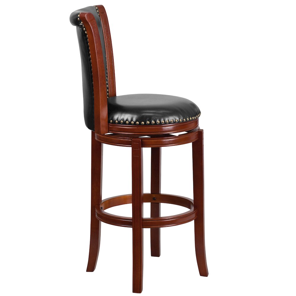 30” High Dark Chestnut Wood Barstool with Panel Back and Black Swivel Seat