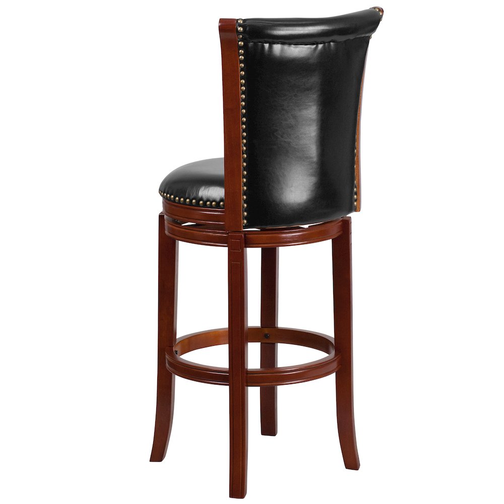 30” High Dark Chestnut Wood Barstool with Panel Back and Black Swivel Seat