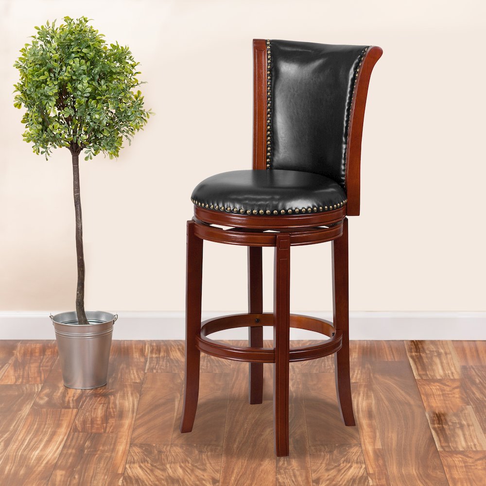 30” High Dark Chestnut Wood Barstool with Panel Back and Black Swivel Seat