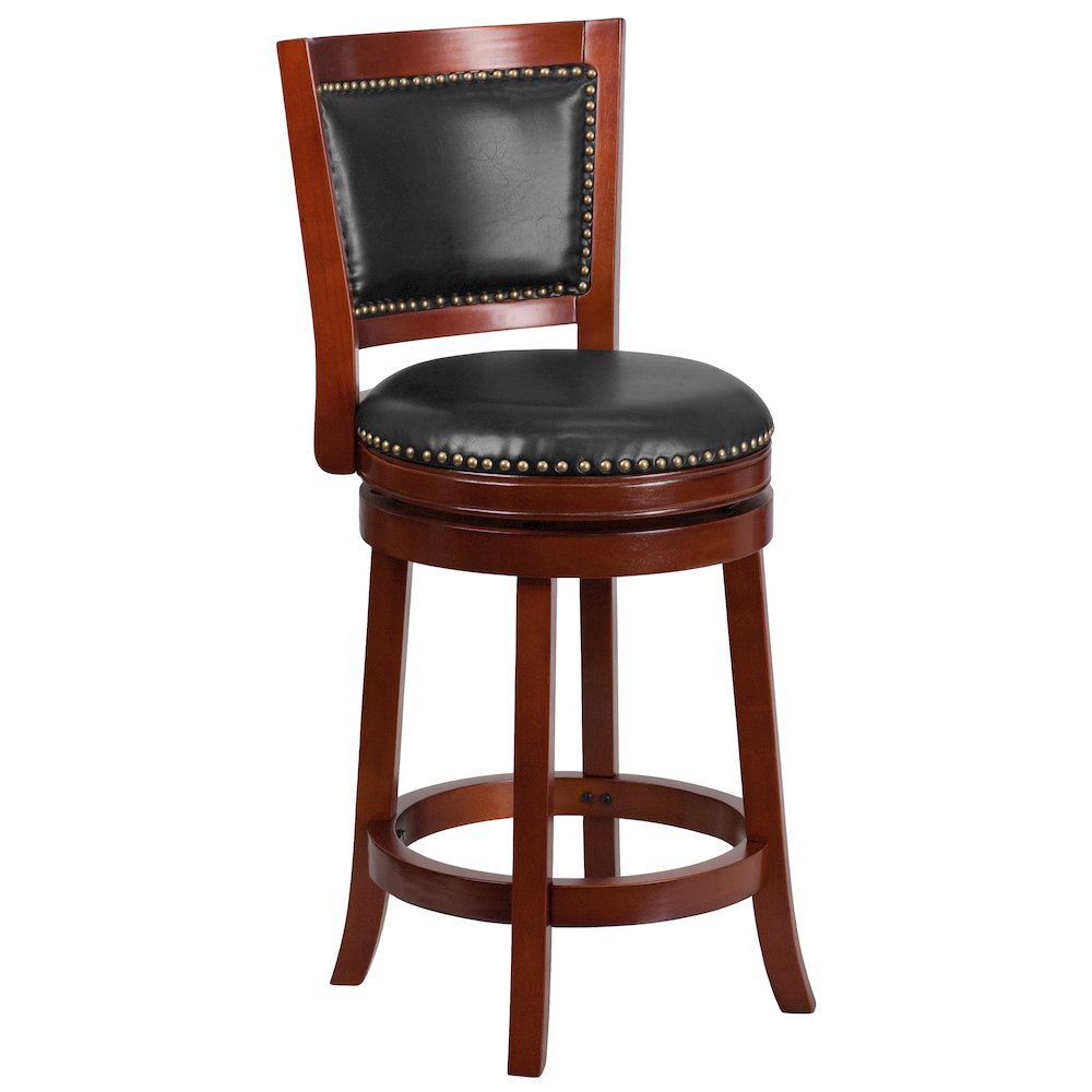 26” High Dark Cherry Wood Counter Height Stool with Open Panel Back