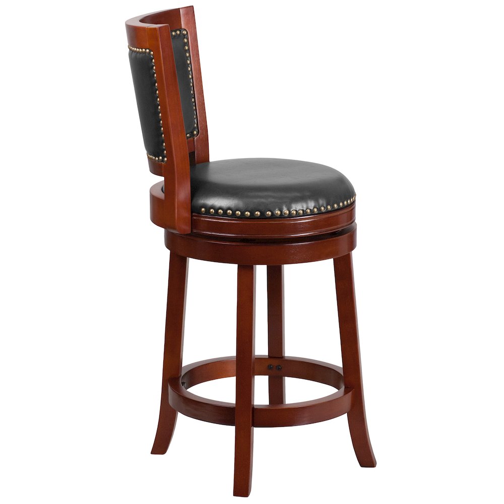 26” High Dark Cherry Wood Counter Height Stool with Open Panel Back