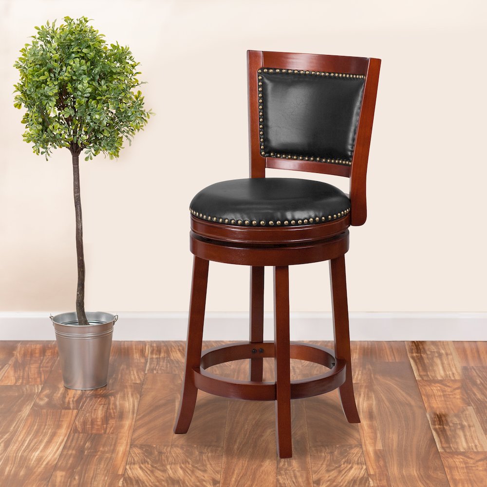 26” High Dark Cherry Wood Counter Height Stool with Open Panel Back
