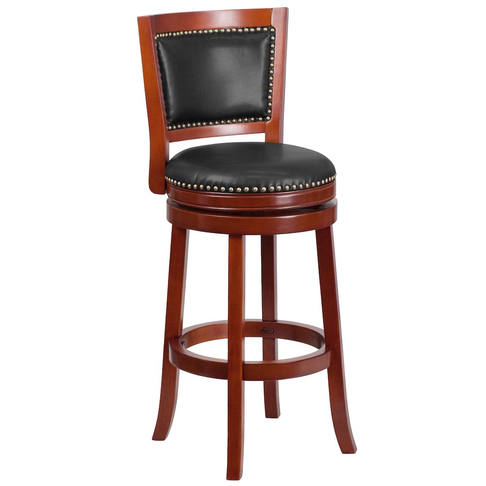 30” High Dark Cherry Wood Barstool with Open Panel Back and Walnut Swivel Seat