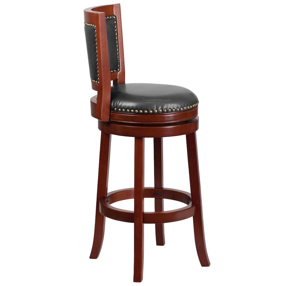 30” High Dark Cherry Wood Barstool with Open Panel Back and Walnut Swivel Seat