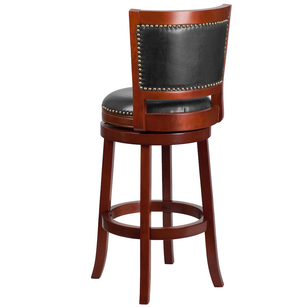 30” High Dark Cherry Wood Barstool with Open Panel Back and Walnut Swivel Seat