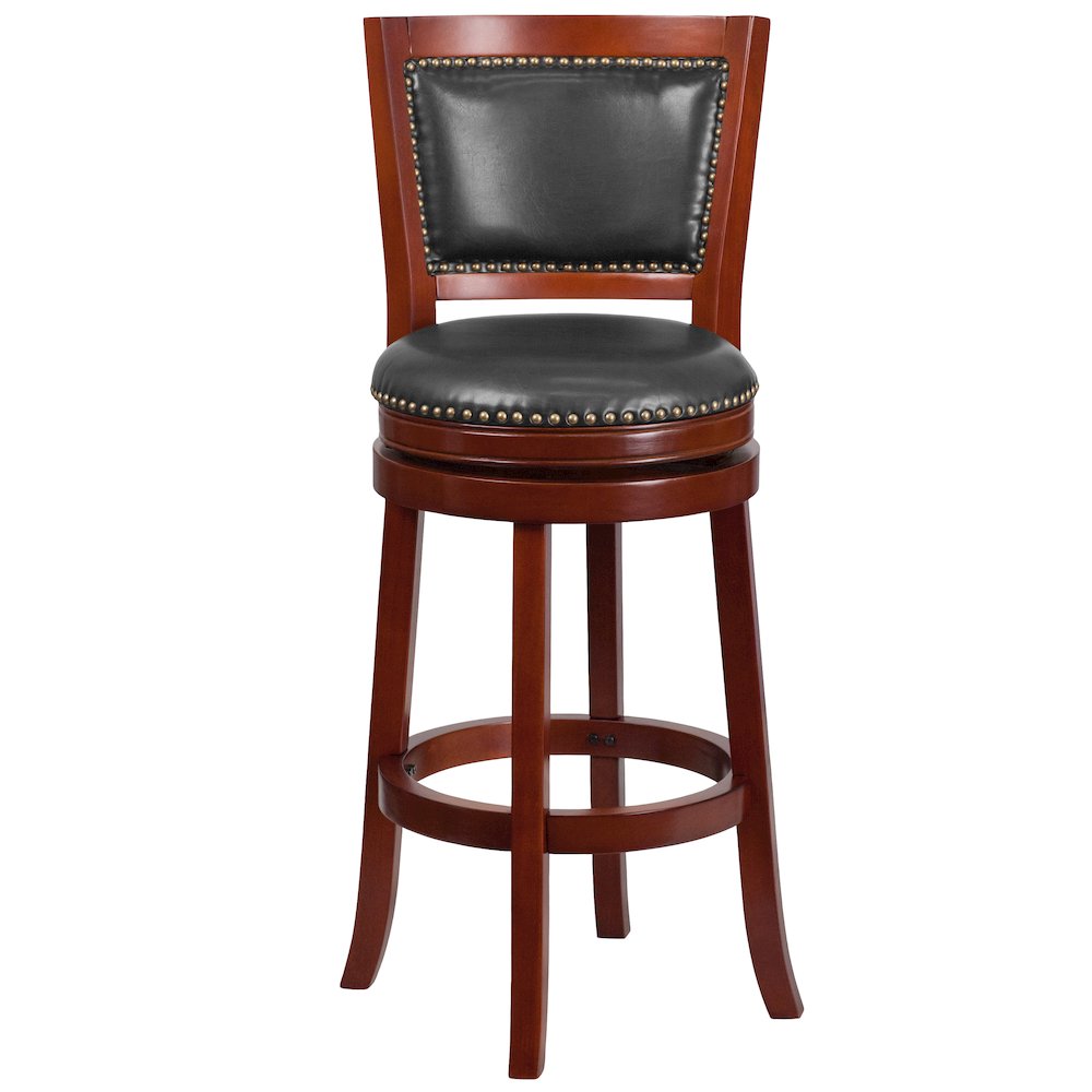 30” High Dark Cherry Wood Barstool with Open Panel Back and Walnut Swivel Seat