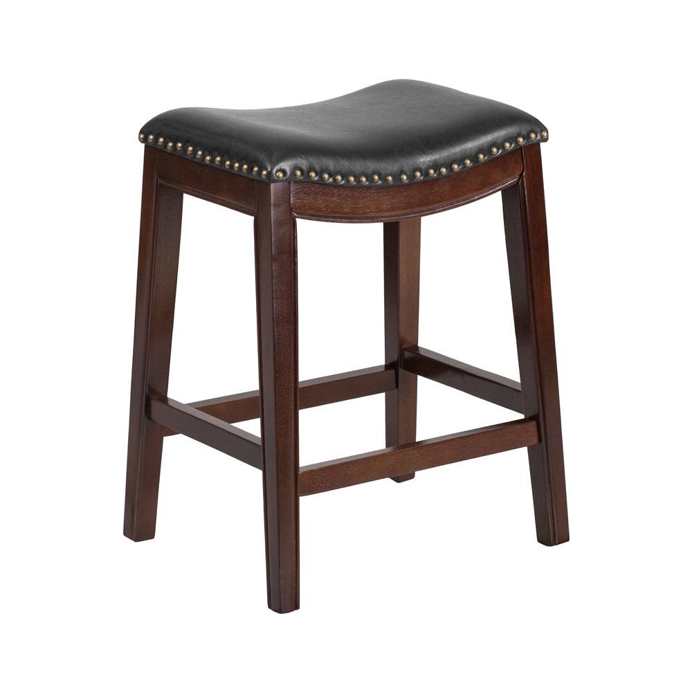 26” High Backless Cappuccino Wood Counter Height Stool with Black Saddle Seat