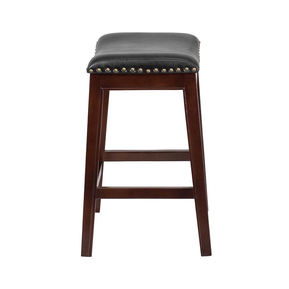 26” High Backless Cappuccino Wood Counter Height Stool with Black Saddle Seat