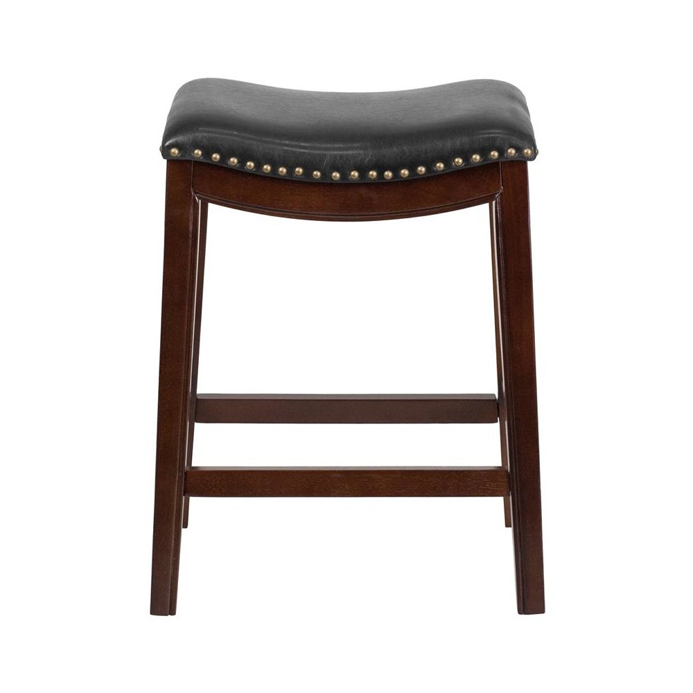 26” High Backless Cappuccino Wood Counter Height Stool with Black Saddle Seat