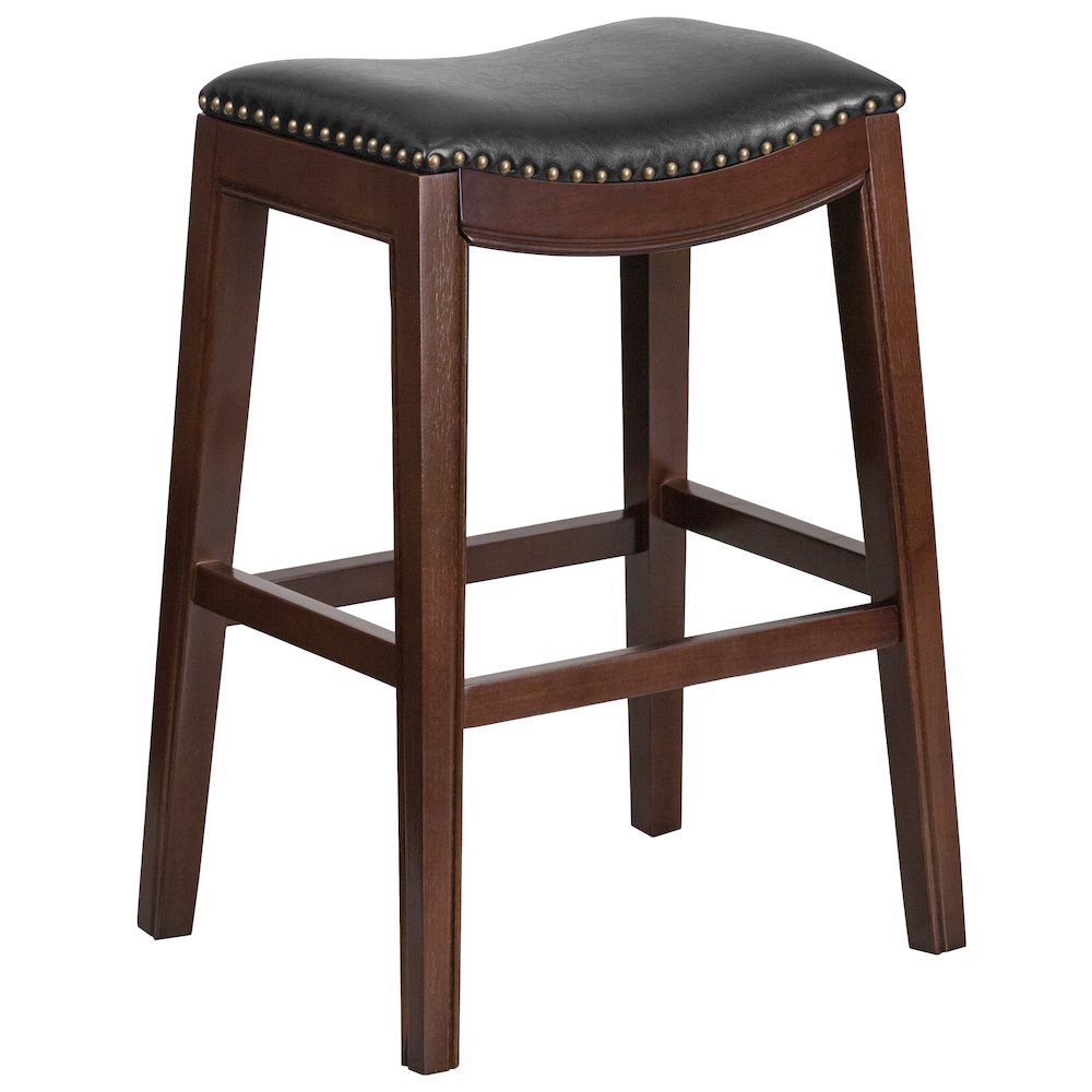 30” High Backless Cappuccino Wood Barstool with Black LeatherSoft Saddle Seat