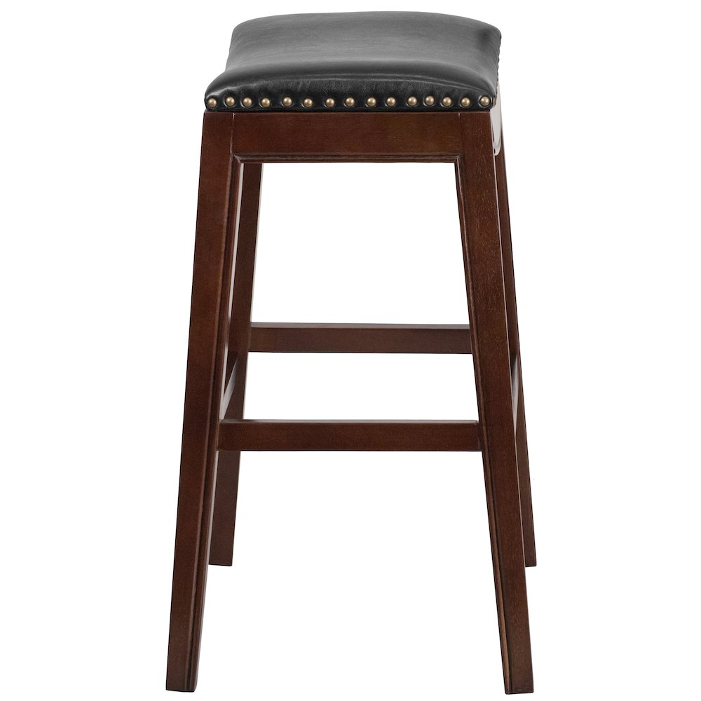 30” High Backless Cappuccino Wood Barstool with Black LeatherSoft Saddle Seat