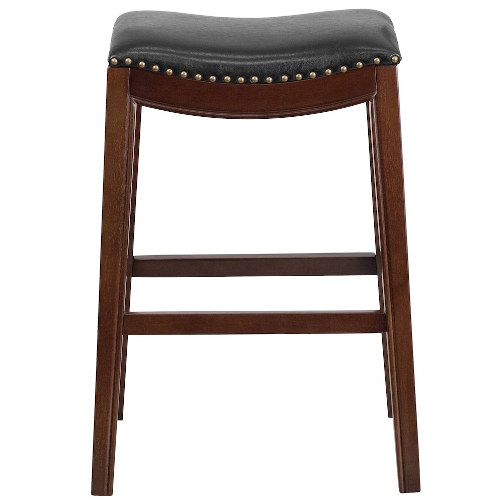 30” High Backless Cappuccino Wood Barstool with Black LeatherSoft Saddle Seat