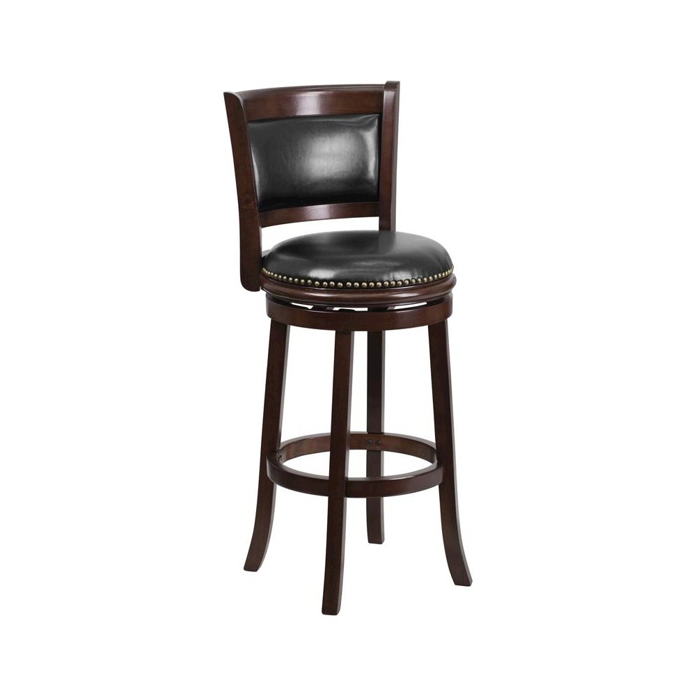 29” High Cappuccino Wood Barstool with Panel Back and Black Swivel Seat