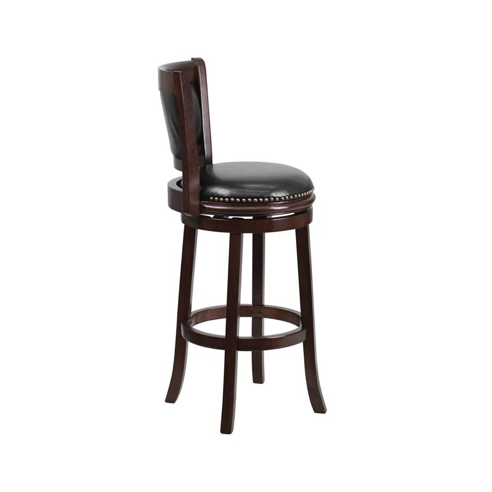 29” High Cappuccino Wood Barstool with Panel Back and Black Swivel Seat