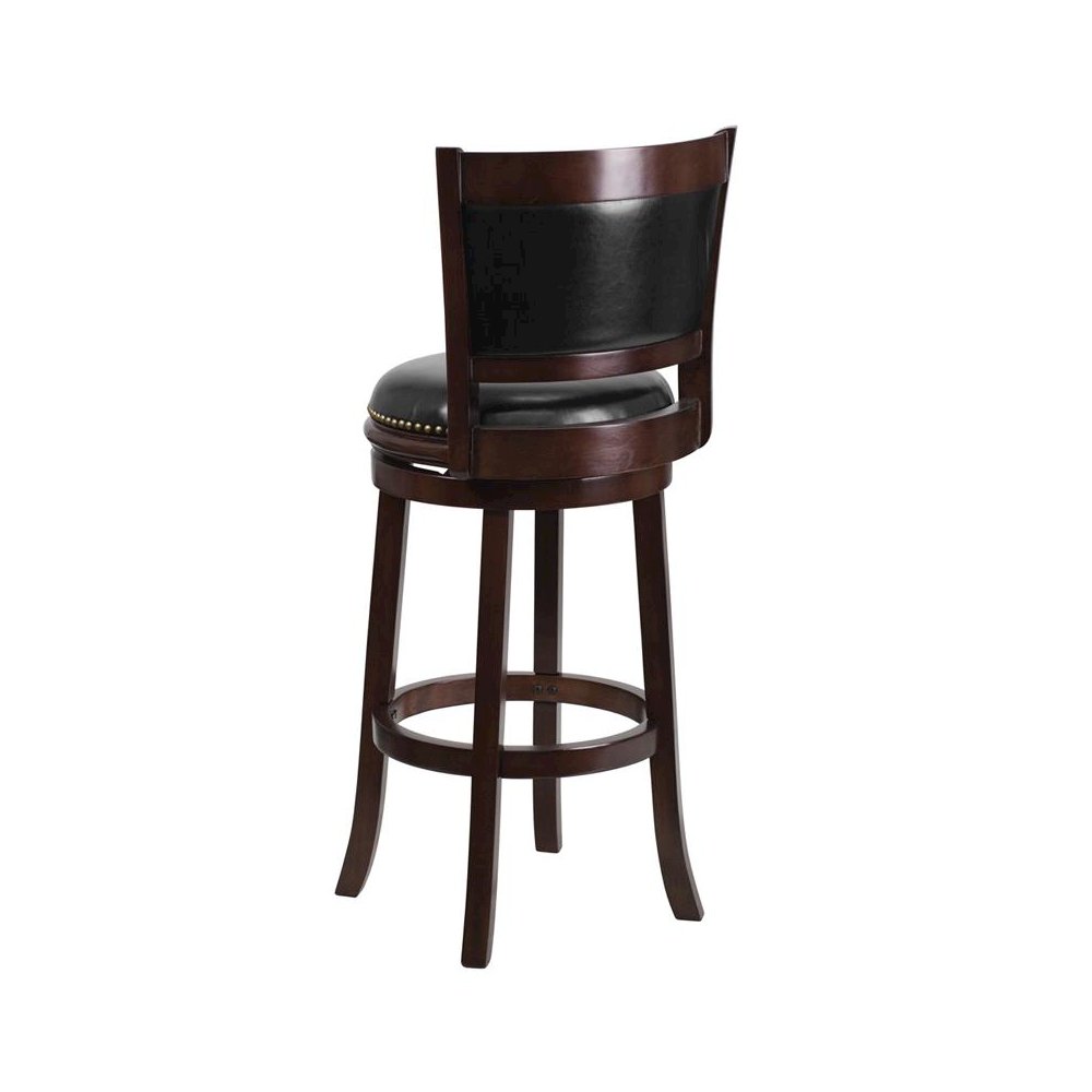 29” High Cappuccino Wood Barstool with Panel Back and Black Swivel Seat