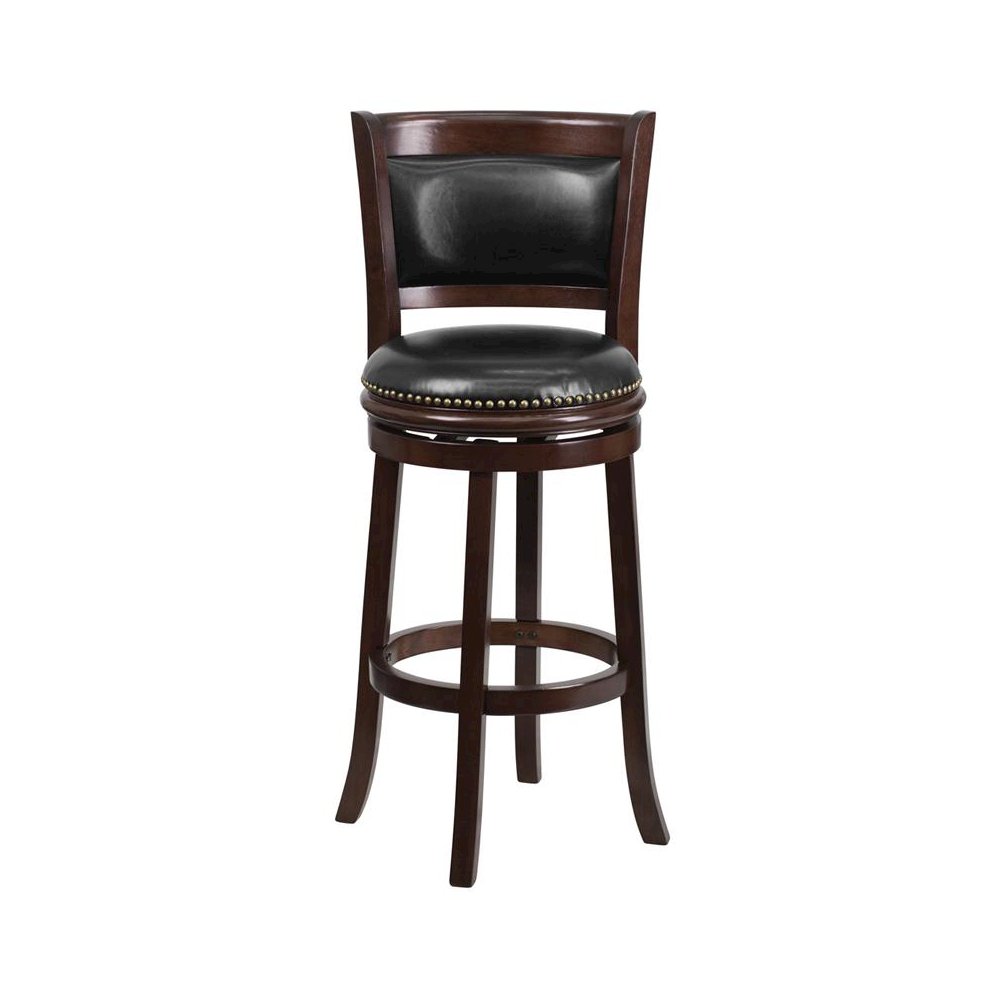 29” High Cappuccino Wood Barstool with Panel Back and Black Swivel Seat