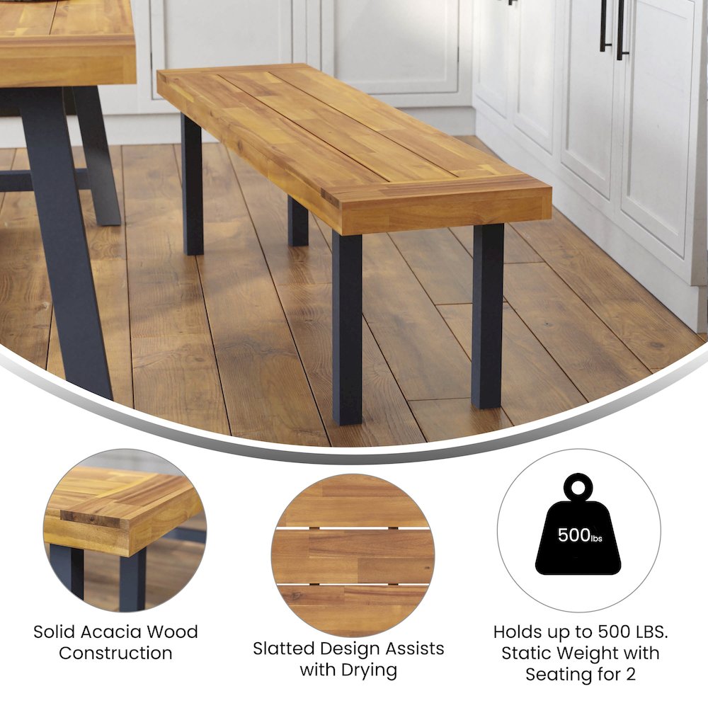 Solid Acacia Wood Bench for 2 with Slatted Top in a Natural Finish