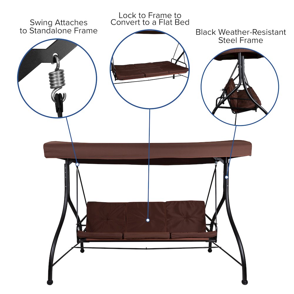 3-Seat Steel Converting Patio Swing Canopy Hammock with Cushions (Brown)