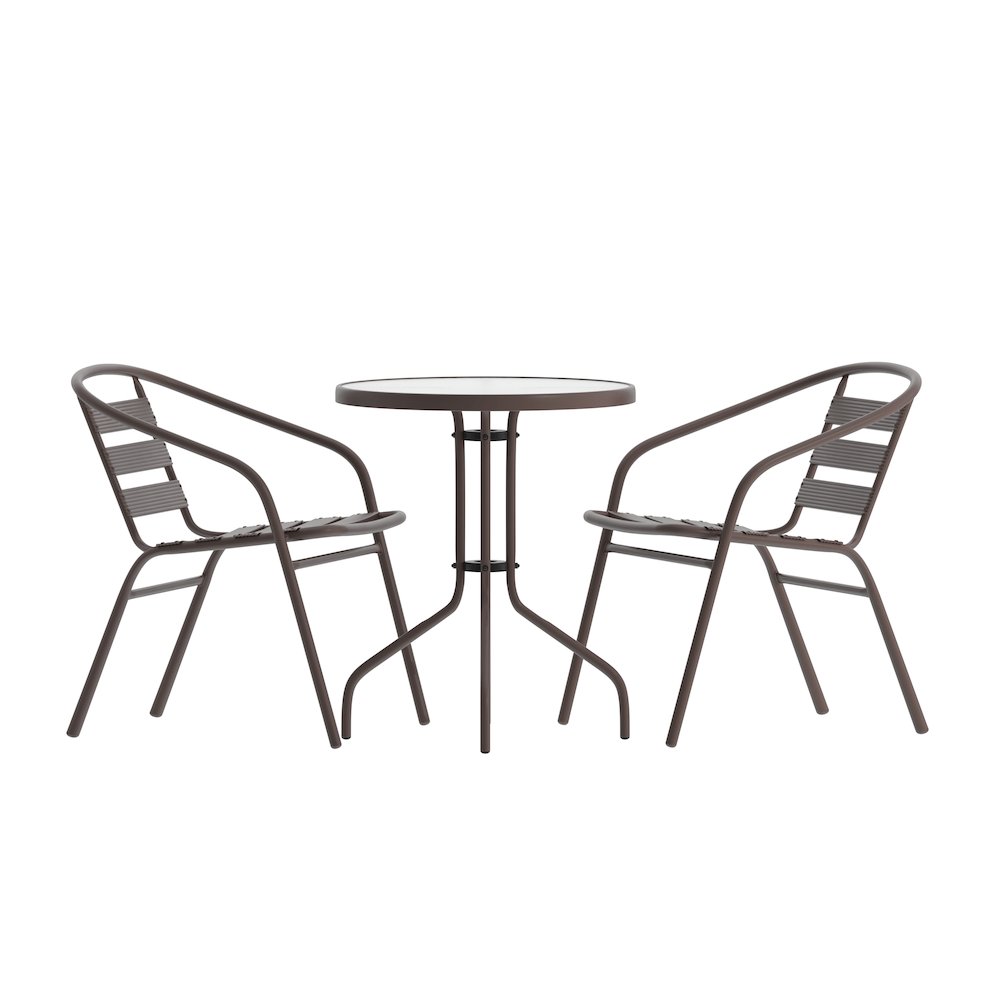 23.75” Round Glass Top Metal Table with 2 Bronze Aluminum Slat Stack Chairs