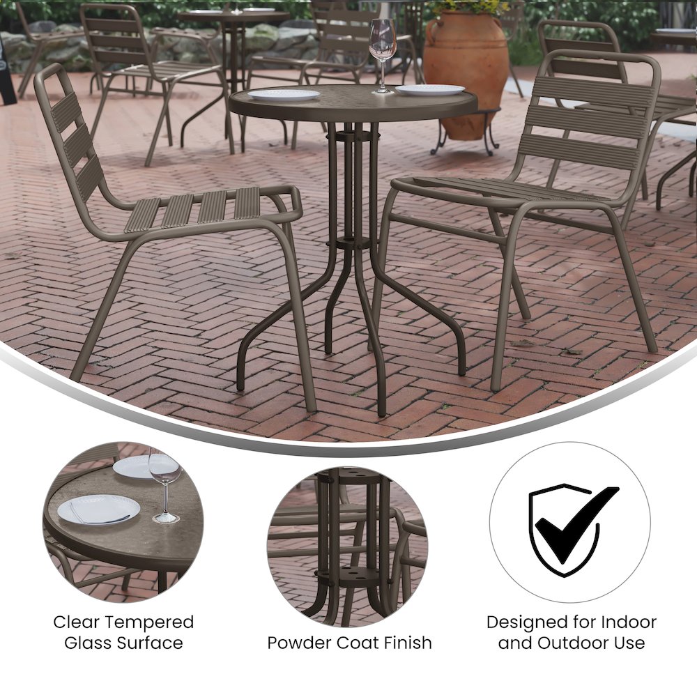 23.75” Round Glass Top Metal Table with 2 Bronze Aluminum Slat Stack Chairs