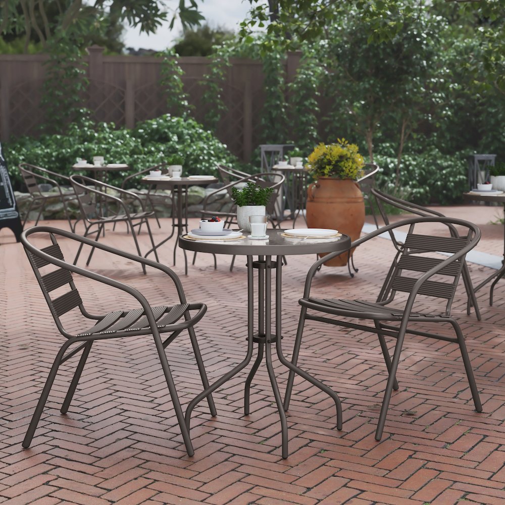 23.75” Round Glass Top Metal Table with 2 Bronze Aluminum Slat Stack Chairs