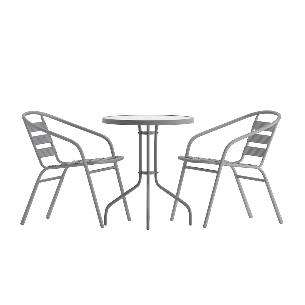 23.75” Round Glass Top Metal Table with 2 Silver Aluminum Slat Stack Chairs