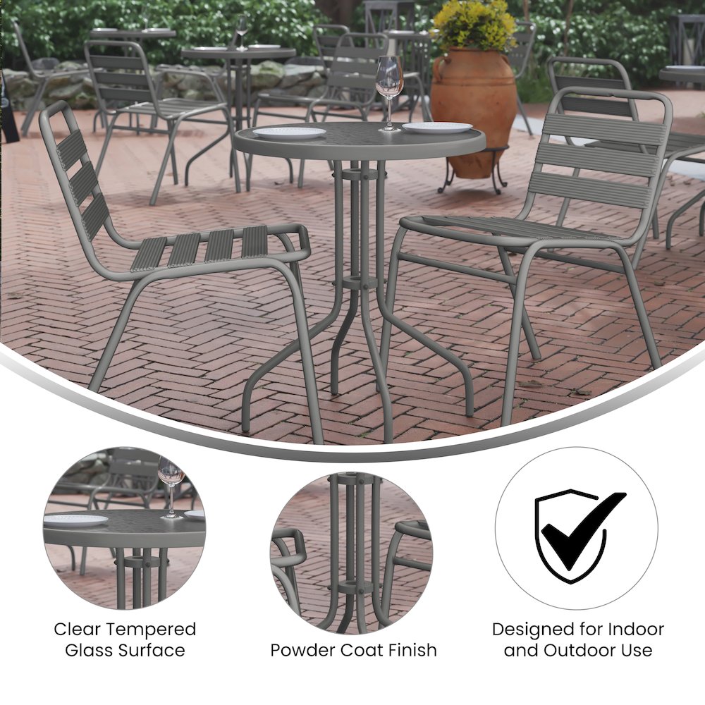 23.75” Round Glass Top Metal Table with 2 Silver Aluminum Slat Stack Chairs