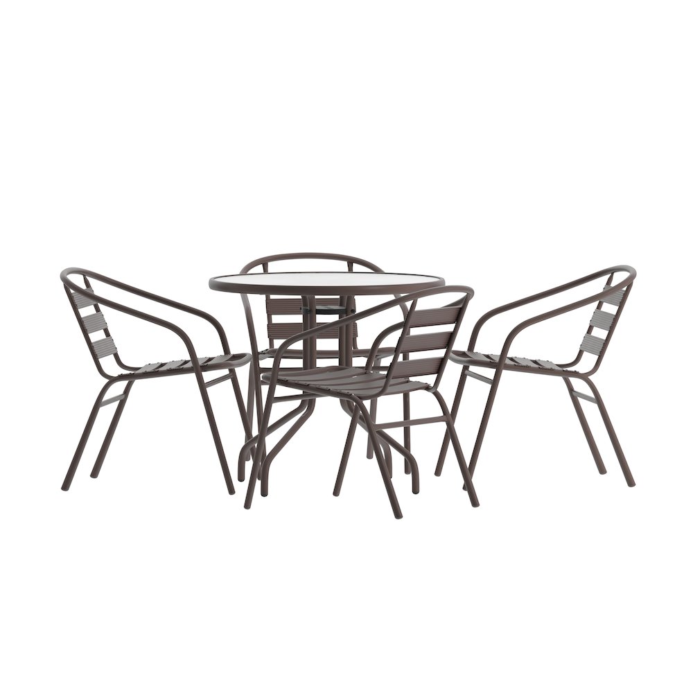 Lila 31.5” Round Glass Top Metal Table with 4 Bronze Aluminum Slat Stack Chairs