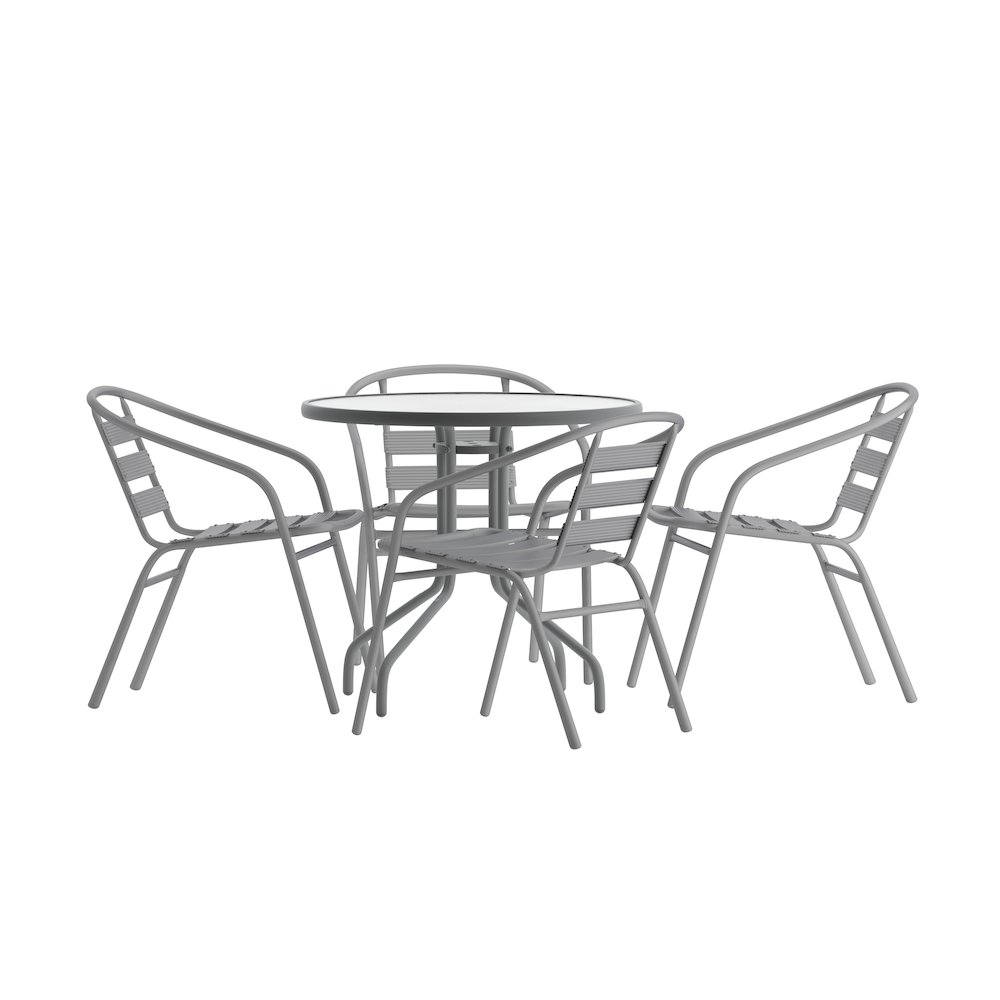 Lila 31.5” Round Glass Top Metal Table with 4 Silver Aluminum Slat Stack Chairs
