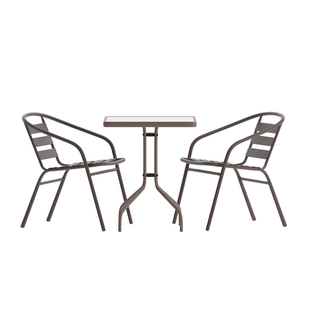 23.5” Square Glass Top Metal Table with 2 Bronze Aluminum Slat Stack Chairs