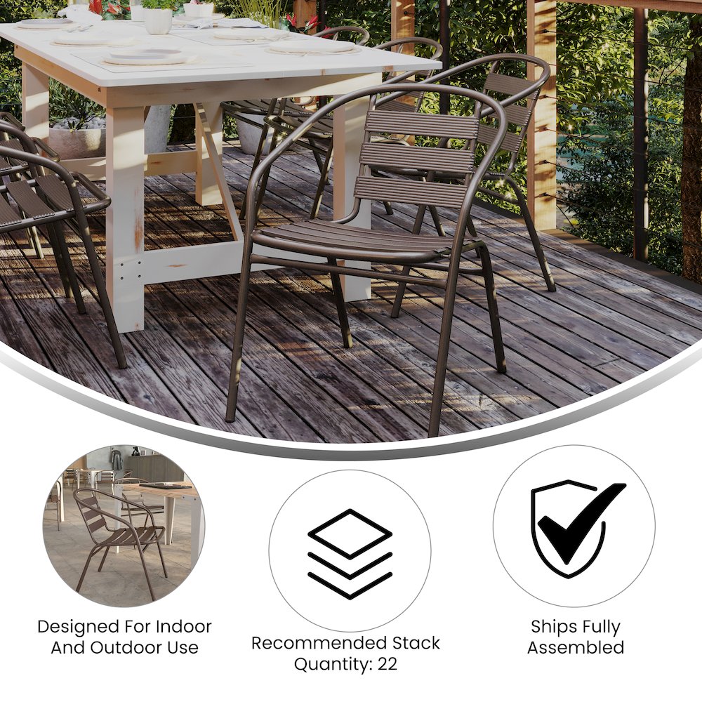 23.5” Square Glass Top Metal Table with 2 Bronze Aluminum Slat Stack Chairs