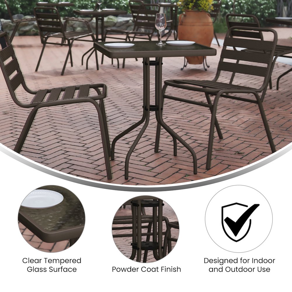 23.5” Square Glass Top Metal Table with 2 Bronze Aluminum Slat Stack Chairs