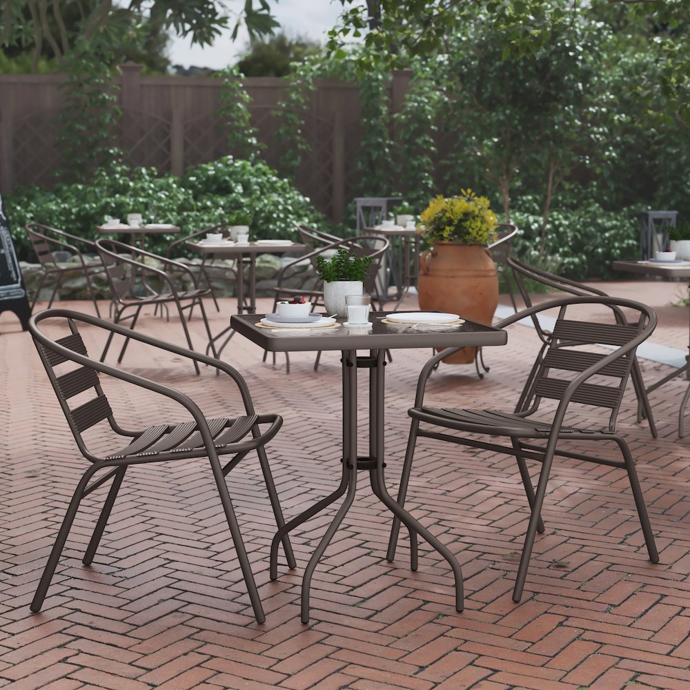 23.5” Square Glass Top Metal Table with 2 Bronze Aluminum Slat Stack Chairs