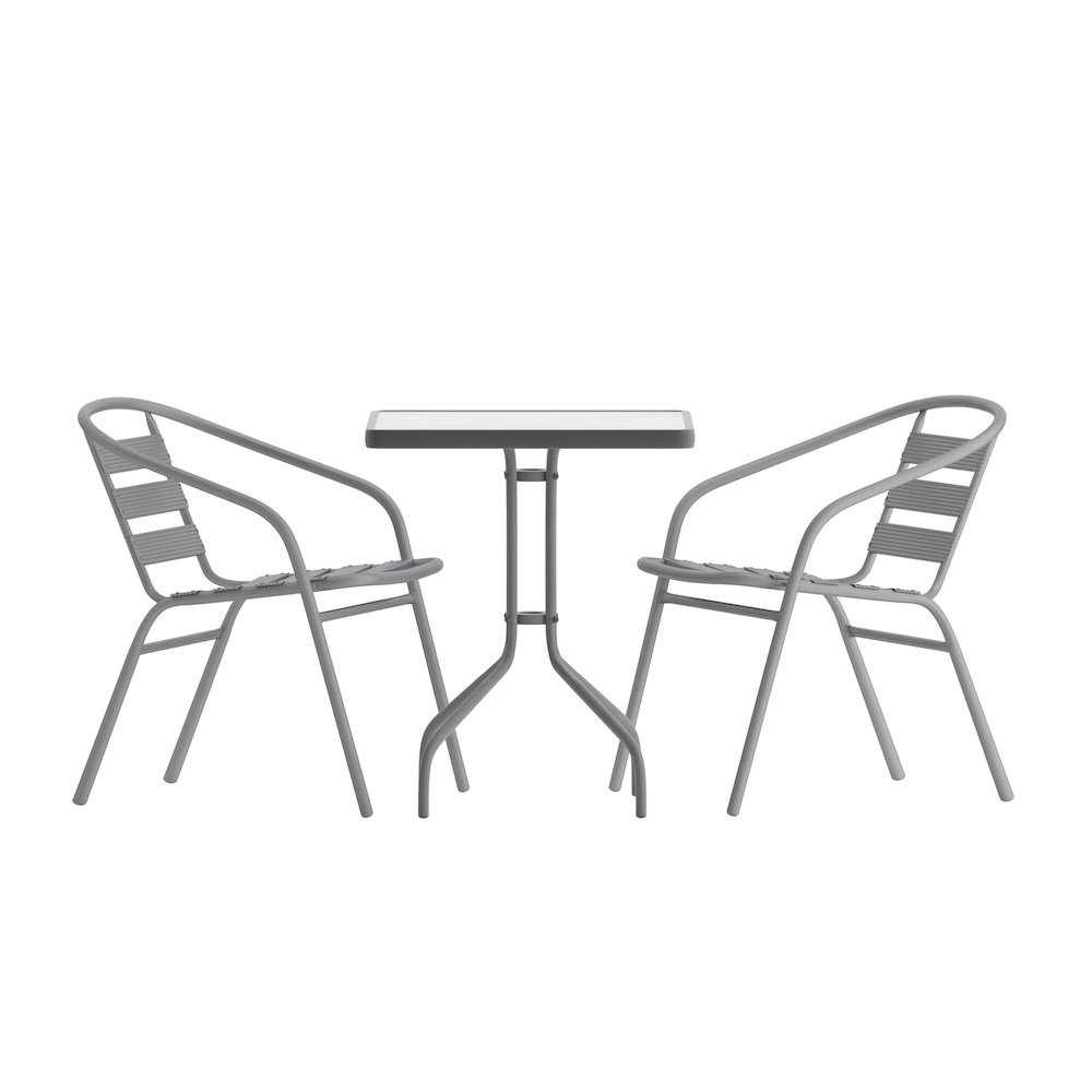 23.5” Square Glass Top Metal Table with 2 Silver Aluminum Slat Stack Chairs