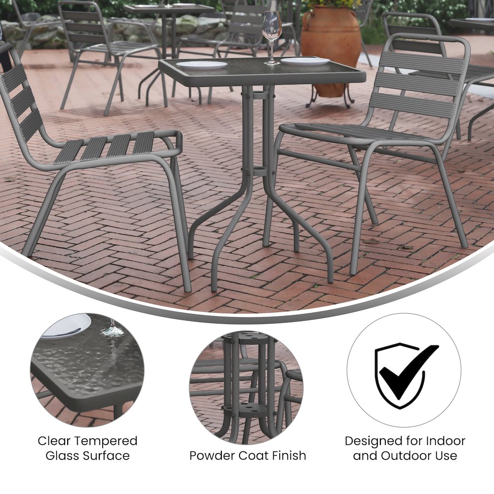 23.5” Square Glass Top Metal Table with 2 Silver Aluminum Slat Stack Chairs