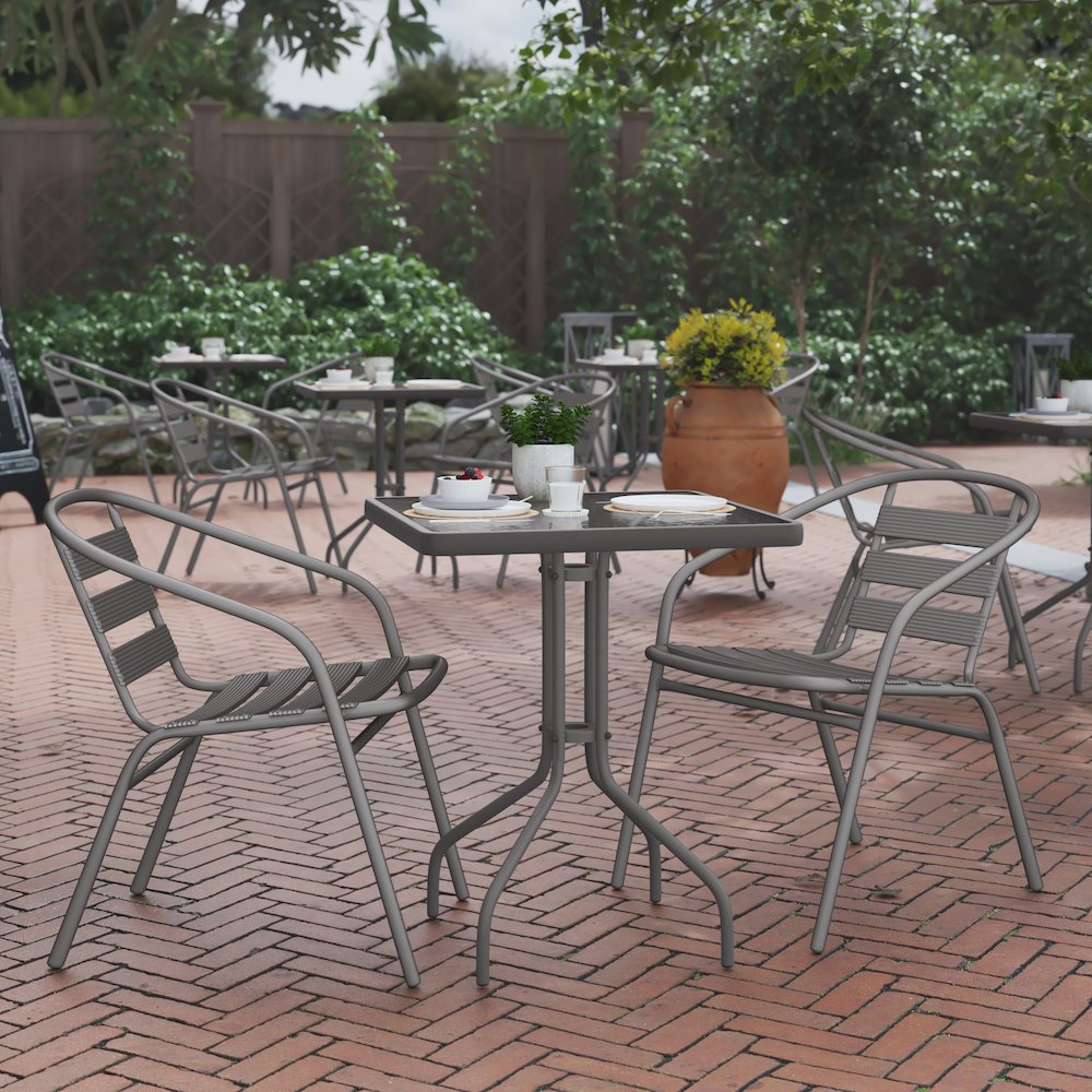 23.5” Square Glass Top Metal Table with 2 Silver Aluminum Slat Stack Chairs