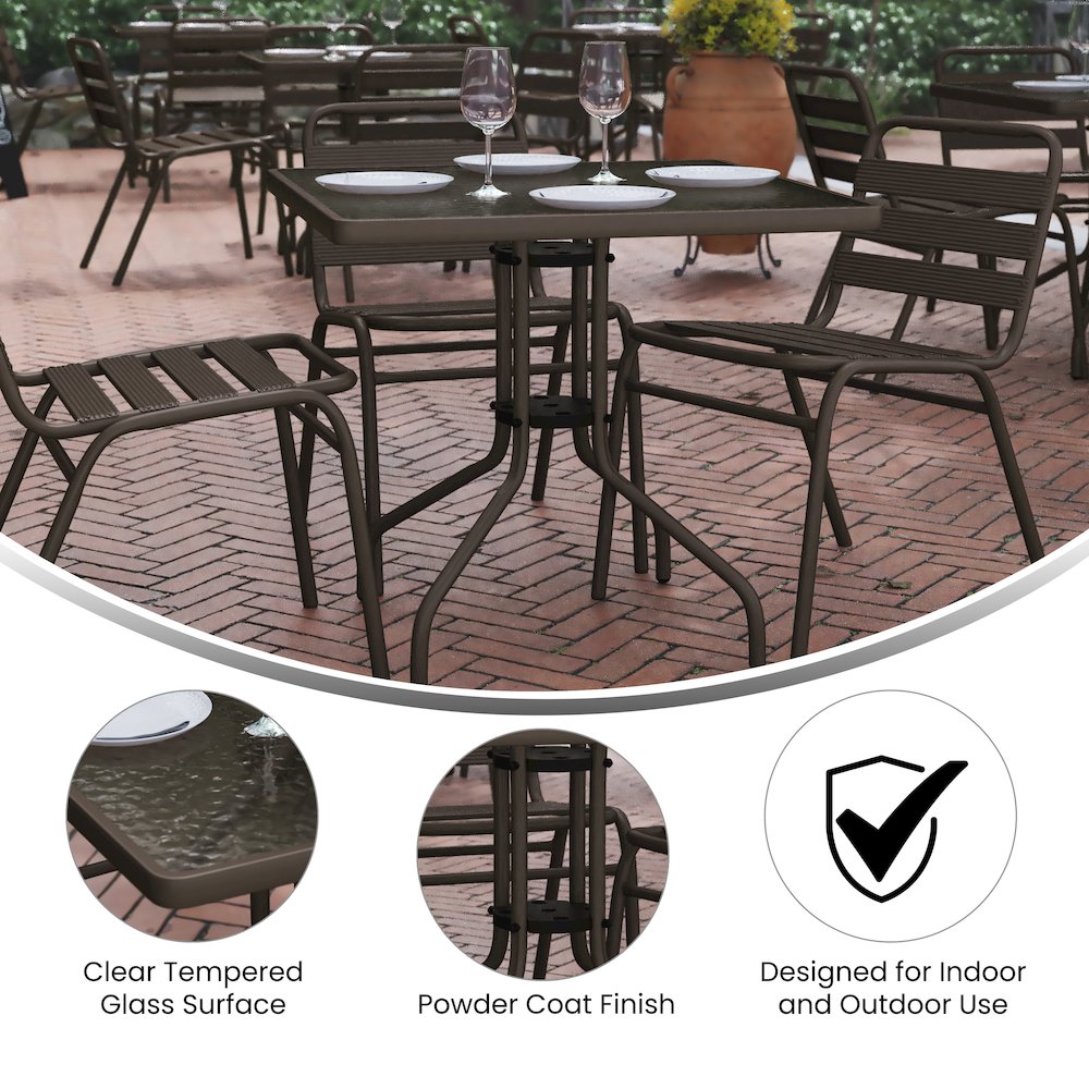 31.5” Square Glass Top Metal Table with 4 Bronze Aluminum Slat Stack Chairs