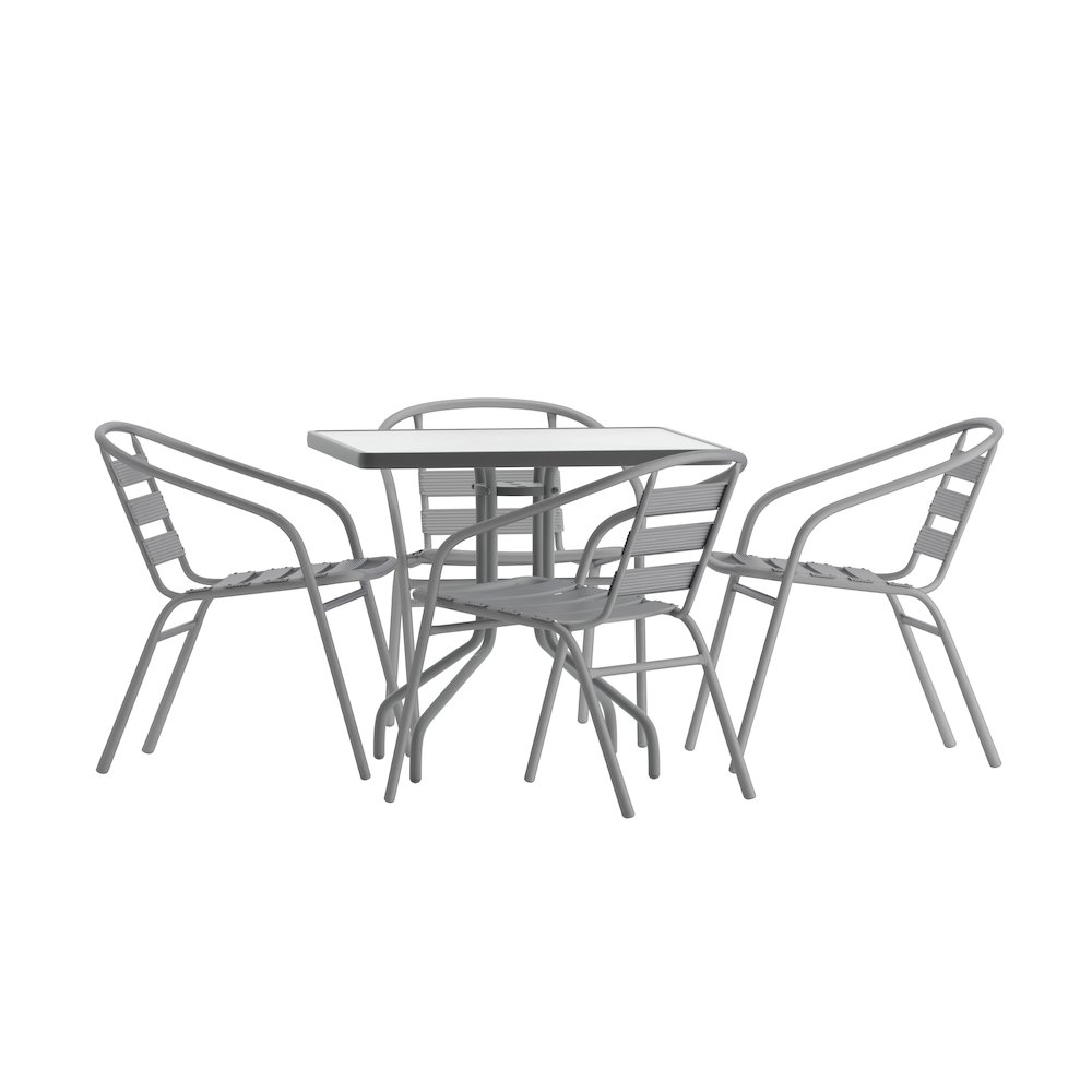 31.5” Square Glass Top Metal Table with 4 Silver Aluminum Slat Stack Chairs