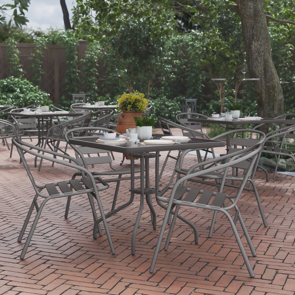 31.5” Square Glass Top Metal Table with 4 Silver Aluminum Slat Stack Chairs